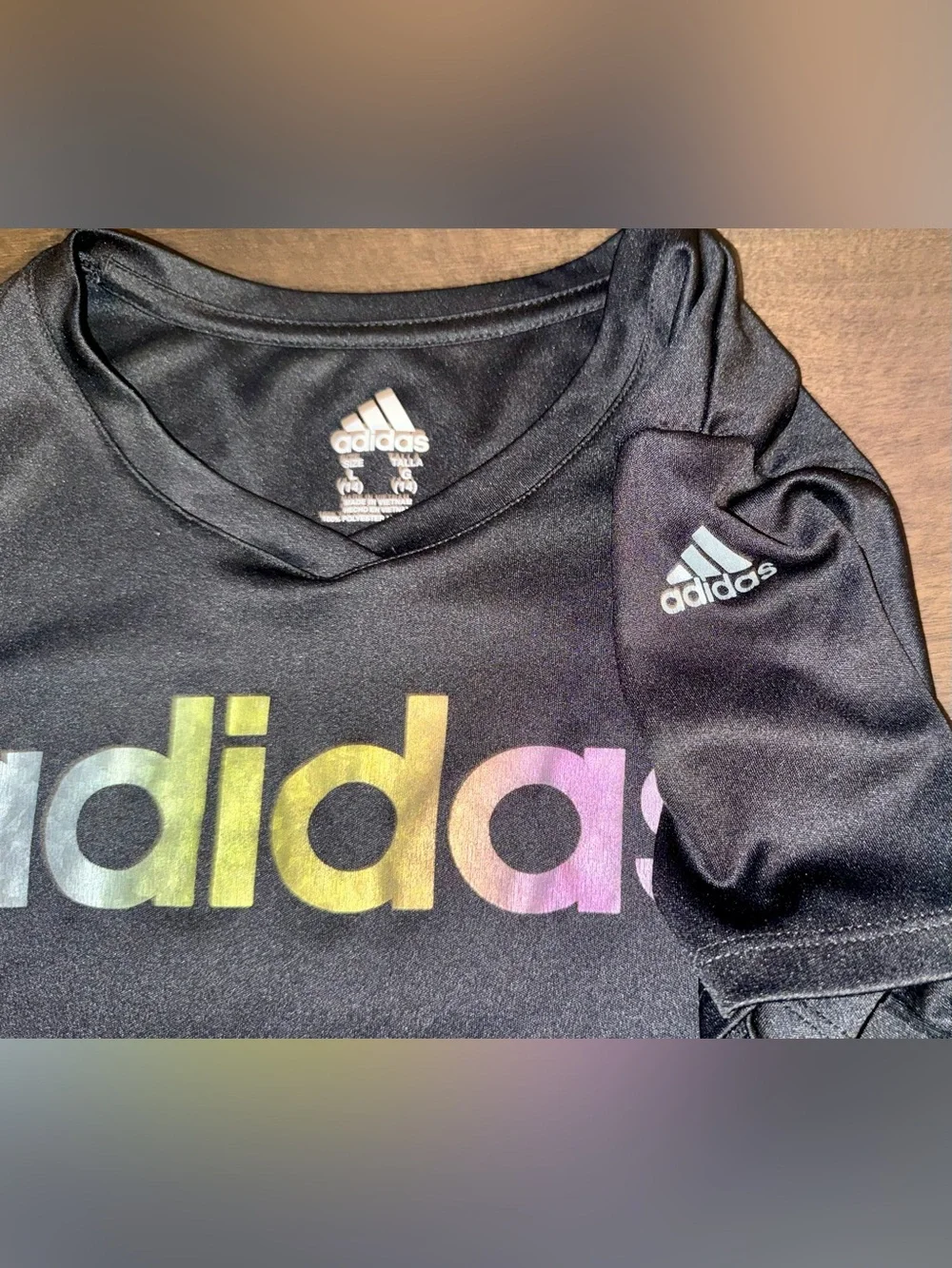 Adidas Girls Climalite Black Performance T-Shirt Rainbow Logo Size 14 Large